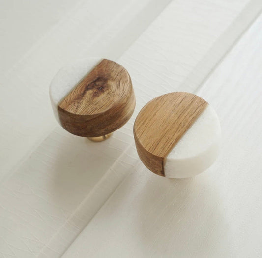 White Stone and Wood Cabinet Knobs, Modern Knobs and Pulls Handmade in